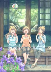 Rule 34 | 10s, 3girls, :d, ^ ^, architecture, bare legs, barefoot, bellflower, blouse, bottle, bow, brown hair, building, buttons, capri pants, closed eyes, collared shirt, crossed ankles, denim, denim shorts, east asian architecture, eating, feet, fence, fish, fishbowl, flower, food, fruit, goldfish, hair bow, hair bun, high ponytail, highres, hino akane (idolmaster), honda mio, idolmaster, idolmaster cinderella girls, knees together feet apart, long hair, multiple girls, no socks, open mouth, outdoors, pants, ramune, sandals, seven star, shirt, shoe dangle, shoes, short hair, short sleeves, shorts, side-by-side, signature, single hair bun, sitting, sleeves rolled up, smile, sneakers, star (symbol), striped clothes, striped shirt, summer, table, takamori aiko, tatami, toes, tree, unworn sandals, veranda, watermelon, wind chime, window blinds, wing collar, yellow bow