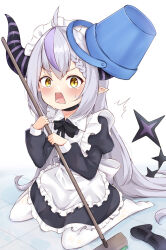 Rule 34 | 1girl, ahoge, alternate costume, apron, black choker, black dress, black horns, black pantyhose, blush, braid, braided bangs, broom, bucket, bucket on head, choker, clumsy, demon girl, demon horns, dress, enmaided, fang, frilled apron, frills, grey hair, highres, holding, holding broom, hololive, horns, juliet sleeves, la+ darknesss, long hair, long sleeves, looking at viewer, maid, maid apron, maid headdress, multicolored hair, no shoes, object on head, open mouth, pantyhose, pointy ears, puffy sleeves, purple hair, shoes, unworn shoes, sitting, solo, square mouth, streaked hair, striped horns, sweatdrop, tail, tenmon (tenmon0715), very long hair, virtual youtuber, wariza, white apron, yellow eyes