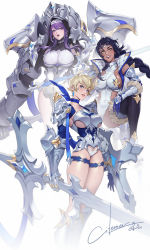 Rule 34 | 3girls, armor, armored boots, armored leotard, artist name, bikini armor, black gloves, black hair, blonde hair, blue eyes, blue gloves, blue neckwear, blush, boots, braid, breasts, brown eyes, citemer, closed mouth, earrings, female knight, gauntlets, gloves, grey background, hand on leg, highres, holding, holding sword, holding weapon, jewelry, knight, large breasts, lipstick, long hair, looking at viewer, makeup, mole, mole under eye, multiple girls, necktie, original, pauldrons, purple eyes, purple hair, shield, short hair, shoulder armor, signature, smile, smirk, standing, sword, thigh strap, underboob, weapon, white background