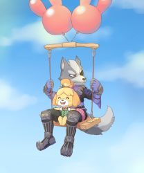 Rule 34 | 1boy, 1girl, absurdres, animal crossing, animal ears, arms up, artist name, averting eyes, balloon, barefoot, bell, belt, black pants, blonde hair, blue skirt, blue sky, blush stickers, boots, claws, closed eyes, cloud, crossover, day, dog ears, dog girl, eyepatch, fangs, fingerless gloves, floating, full body, furry, gloves, green vest, hair bell, hair ornament, hair tie, hands up, happy, highres, holding, isabelle (animal crossing), jingle bell, knee pads, legs together, long sleeves, neck ribbon, nintendo, open mouth, outdoors, outstretched arms, pants, pencil skirt, plaid, plaid vest, purple gloves, purple vest, red eyes, red ribbon, ribbon, shirt, short hair, short sleeves, signature, sitting, size difference, skirt, sky, smile, star fox, sunseedberry, super smash bros., sweat, tail, teeth, topknot, vest, white shirt, wolf ears, wolf o&#039;donnell, wolf tail