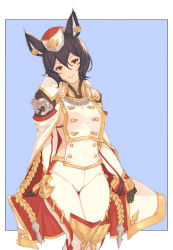 Rule 34 | 1girl, animal ears, armor, backless outfit, black gloves, black hair, blue background, border, breasts, buttons, cape, chain, double-breasted, ear piercing, erune, gloves, granblue fantasy, greaves, hat, highres, ilsa (granblue fantasy), invisible chair, long sleeves, looking at viewer, outside border, pants, parted lips, piercing, red eyes, short hair, sideboob, sitting, smile, solo, teeth, white border, white pants, wuming