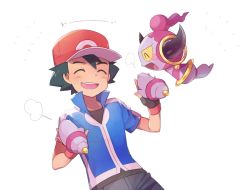 Rule 34 | 1boy, :d, ame (ame025), ash ketchum, baseball cap, blue jacket, blush, collared jacket, commentary request, creatures (company), closed eyes, fingerless gloves, game freak, gen 6 pokemon, gloves, grey pants, holding hands, hands up, hat, holding, holding pokemon, hoopa, hoopa (confined), jacket, legendary pokemon, male focus, mythical pokemon, nintendo, open mouth, pants, pokemon, pokemon (anime), pokemon (creature), pokemon xy (anime), popped collar, red headwear, shirt, short sleeves, smile, teeth, tongue, upper teeth only, white background, |d