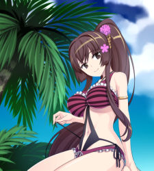 Rule 34 | 10s, 1girl, arm support, armlet, bikini, blue sky, blush, breasts, brown eyes, brown hair, caryo, casual one-piece swimsuit, cherry blossoms, cloud, day, female focus, flower, frilled bikini, frills, hair flower, hair ornament, halterneck, kantai collection, kantai collection (anime), large breasts, long hair, nanashino, navel, one-piece swimsuit, palm tree, ponytail, seiza, sitting, sky, smile, solo, swimsuit, tree, untying, very long hair, yamato (kancolle)
