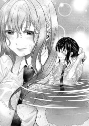 Rule 34 | 1girl, asphyxiation, ass, bow, breasts, cover, cover page, covered navel, glasses, highres, large breasts, manga cover, monochrome, non-web source, panties, pantyshot, partially submerged, partially underwater shot, pool, poolside, school uniform, underwear, water, wet, wet clothes, wet hair, yuki nee-chan no kan-nou gokko