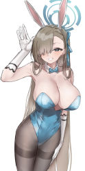 Rule 34 | 1girl, animal ears, arm at side, asuna (blue archive), asuna (bunny) (blue archive), bare shoulders, black pantyhose, blue archive, blue bow, blue bowtie, blue eyes, blue ribbon, bow, bowtie, breasts, brown hair, cleavage, commentary request, detached collar, epi zero, fake animal ears, gloves, hair over one eye, hair ribbon, halo, hand up, highres, large breasts, leotard, long hair, mole, mole on breast, pantyhose, playboy bunny, rabbit ears, revision, ribbon, simple background, solo, traditional bowtie, white background, white gloves