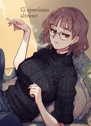 Rule 34 | 1girl, alternate costume, black sweater, blunt bangs, breasts, brown hair, cigarette, cushion, denim, dongsa wonhyong, earrings, eyewear strap, glasses, highres, holding, holding cigarette, italian text, jeans, jewelry, kantai collection, large breasts, pants, parted lips, pince-nez, ribbed sweater, roma (kancolle), short hair, smoke, smoking, solo, sweater, translation request, turtleneck, turtleneck sweater