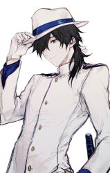 Rule 34 | 1boy, adjusting clothes, adjusting headwear, black hair, closed mouth, epaulettes, fate (series), gloves, grey eyes, hair over one eye, hand on own hip, hat, highres, jacket, koha-ace, light smile, male focus, rattail, sakamoto ryouma (fate), sangzhujun, short hair, simple background, smile, solo, trilby, upper body, white background, white gloves, white hat, white jacket