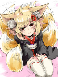 Rule 34 | 1girl, ahoge, animal ears, bed, bell, blonde hair, blush, flower, fox ears, fox tail, hair bell, hair flower, hair ornament, hands on lap, inari (sennen sensou aigis), japanese clothes, kitsune, koko (hm142533), looking at viewer, looking up, multiple tails, on bed, red eyes, ribbon-trimmed legwear, ribbon trim, sennen sensou aigis, sitting, smile, tail, thighhighs, white thighhighs