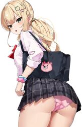 Rule 34 | 1girl, :p, annoyed, arms at sides, ass, ass focus, bag, bear hair ornament, black skirt, blonde hair, blush, bow, bowtie, braid, closed mouth, collared shirt, cowboy shot, dosukoi humitarou, from behind, green eyes, gyaru, hair ornament, highres, leaning forward, legs together, long hair, long sleeves, low ponytail, miniskirt, original, panties, pink panties, plaid, plaid skirt, pleated skirt, red bow, red bowtie, school bag, school uniform, scrunchie, shirt, sidelocks, simple background, skirt, sleeves rolled up, solo, star (symbol), star hair ornament, thick thighs, thighs, tongue, tongue out, underwear, white background, white shirt, wrist scrunchie