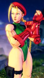 Rule 34 | 1girl, 3d, absurdres, antenna hair, bare shoulders, blonde hair, blue eyes, braid, breasts, cammy white, clenched hand, covered navel, curvy, gloves, green leotard, hat, highleg, highleg leotard, highres, leotard, lips, long hair, looking to the side, medium breasts, red gloves, red hat, ryona, screencap, shiny clothes, sky, solo, street fighter, street fighter v, thighs, third-party edit, thong leotard, twin braids, very long hair, wide hips
