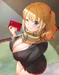 Rule 34 | 1girl, arm under breasts, black jacket, blazer, blonde hair, blue eyes, blush, bracelet, breast hold, breasts, cleavage, closed mouth, commentary request, from side, grass, hair tie, hand up, heart, holding, jacket, jewelry, large breasts, legs together, long sleeves, looking at viewer, looking to the side, medium hair, miniskirt, nakajima yuka, one eye closed, original, outdoors, partially unbuttoned, pleated skirt, red skirt, skirt, smile, solo, twintails, valentine