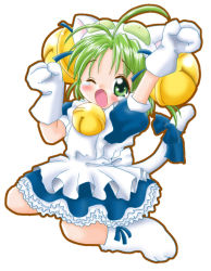 Rule 34 | 1girl, animal ears, animal hands, animal hat, apron, bell, blush, cat ears, cat hat, cat paws, cat tail, dejiko, di gi charat, dress, fang, gloves, green eyes, green hair, hat, jingle bell, maid apron, open mouth, paw gloves, paw shoes, ribbon, shoes, sitting, solo, tail, tail ornament, tail ribbon, tears, wariza, yawning