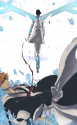 2boys absurdres armor artist_name back belt black_hair black_kimono bleach blood chikidney coat collarbone energy_wings english_text floating hair_over_eyes highres injury ishida_uryuu japanese_clothes kimono kurosaki_ichigo male_focus multiple_boys obi orange_hair pants parted_lips pauldrons quincy_(bleach) sash shihakusho shoulder_armor single_pauldron wandenreich_uniform white_belt white_coat white_footwear white_pants