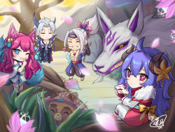 Rule 34 | 2girls, 3boys, :d, abs, ahoge, ahri (league of legends), animal, animal ears, asymmetrical horns, bare shoulders, bell, black pants, bow, earrings, facial mark, flower, fox ears, fox girl, fox tail, fur trim, green eyes, grey hair, grin, hair bell, hair ornament, hairband, hand up, holding, holding mask, horns, invisible, japanese clothes, jewelry, kimono, kindred (league of legends), lamb (league of legends), league of legends, long hair, looking back, mask, unworn mask, mismatched horns, multiple boys, multiple girls, necklace, one eye closed, open mouth, orange bow, outdoors, oversized animal, pants, pink flower, pink hair, ponytail, purple hair, purple hairband, red eyes, sharp teeth, signature, sitting, smile, spirit blossom ahri, spirit blossom kindred, spirit blossom teemo, spirit blossom yasuo, spirit blossom yone, sylvia rintsuki, tail, teemo, teeth, whisker markings, wolf (league of legends), yasuo (league of legends), yone (league of legends)
