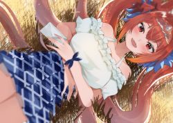 Rule 34 | 1girl, animal ears, blue skirt, commentary, daiwa scarlet (umamusume), from above, hair ribbon, holding, holding letter, horse ears, horse girl, horse tail, letter, long hair, looking at viewer, lying, minertime, on back, open mouth, red eyes, red hair, red ribbon, ribbon, shirt, skirt, smile, solo, tail, tiara, twintails, umamusume, white shirt