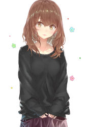 Rule 34 | 1girl, :3, bad id, bad pixiv id, black sweater, blush, brown eyes, brown hair, closed mouth, collarbone, cowboy shot, earrings, floral background, hakuishi aoi, jewelry, lips, long hair, looking at viewer, original, purple skirt, simple background, skirt, sleeves past wrists, solo, sweater, wavy hair, white background