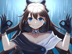 Rule 34 | 1girl, aqua eyes, artist name, artist request, back bow, bare shoulders, belt, black dress, black gloves, blue eyes, blue sky, blush, bow, breasts, brown hair, buttons, choker, cleavage, cloud, collarbone, double ok sign, dress, drop earrings, earrings, female focus, gloves, grey bow, hair between eyes, hair bow, high ponytail, jewelry, lace, lace gloves, long hair, looking at viewer, love live!, love live! nijigasaki high school idol club, love live! school idol festival, multicolored clothes, necklace, off-shoulder dress, off shoulder, ok sign, osaka shizuku, outdoors, parted lips, ponytail, sidelocks, sky, sleeveless, sleeveless dress, small breasts, smile, solitude rain (love live!), solo, two-tone dress, upper body, v-shaped eyebrows, white bow, white dress