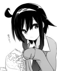 Rule 34 | 1girl, ahoge, bag of chips, blush, cardigan, chips (food), closed mouth, food, greyscale, hair between eyes, hair flaps, hairband, looking at viewer, monochrome, natsuki teru, open cardigan, open clothes, original, potato chips, school uniform, shikibe ayaka, short hair with long locks, sidelocks, simple background, sleeves past wrists, solo