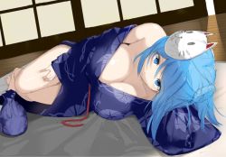 Rule 34 | 10s, 1girl, architecture, bad id, bad twitter id, bag, bare legs, bare shoulders, blue eyes, blue hair, blue kimono, breasts, cat mask, cleavage, double bun, east asian architecture, floral print, full body, hair bun, hand on leg, hand on own thigh, indoors, japanese clothes, kantai collection, kimono, large breasts, long sleeves, looking at viewer, lying, mask, on side, open clothes, sketch, smile, solo, suzuharu toufu, urakaze (kancolle), wide sleeves, yukata