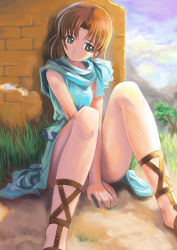 Rule 34 | 1girl, ancient ys vanished, blue eyes, blue skirt, brown hair, gladiator sandals, lilia, lilia (ys), mikazuki akira!, on floor, outdoors, sandals, short hair, sitting, skirt, solo, stola, v arms, ys
