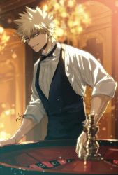 Rule 34 | 1boy, bakugou katsuki, black bow, black bowtie, black vest, blonde hair, blurry, boku no hero academia, bow, bowtie, chandelier, collared shirt, depth of field, highres, light, male focus, mkm (mkm storage), necktie, red eyes, roulette, roulette table, shirt, signature, sleeves rolled up, smile, spiked hair, table, vest, white shirt