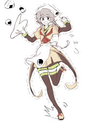 Rule 34 | 1other, androgynous, apron, ascot, book of the cafe, brown shorts, brown thighhighs, commentary request, dress, full body, grey eyes, grey hair, hemo (hemoroda), houlen yabusame, houlen yabusame (chef form), layered sleeves, len&#039;en, len'en, long sleeves, open mouth, puffy short sleeves, puffy sleeves, red ascot, short hair with long locks, short over long sleeves, short sleeves, shorts, simple background, thighhighs, trembling, waist apron, white apron, white background, yellow dress