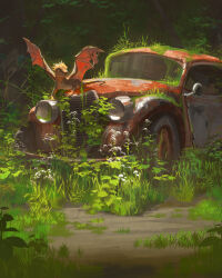 Rule 34 | animal focus, car, commentary, day, devin elle kurtz, dragon, english commentary, foliage, grass, highres, leaf, moss, motor vehicle, no humans, orange eyes, original, outdoors, overgrown, scenery, solo, sunlight, torn wings, western dragon, wings
