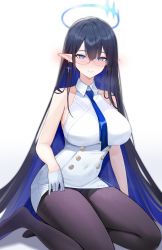 Rule 34 | 1girl, absurdres, bare shoulders, black hair, black pantyhose, blue archive, blue eyes, blue hair, blue necktie, blush, cbmus, collared shirt, colored inner hair, earrings, glasses, gloves, halo, highres, jewelry, looking at viewer, multicolored hair, necktie, pantyhose, pointy ears, rin (blue archive), shirt, sitting, solo, star (symbol), star earrings, white gloves