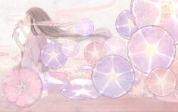 Rule 34 | 1girl, absurdres, akoya (mushishi), artist name, blue flower, brown hair, closed eyes, dust, floating hair, flower, from side, glowing, hands up, highres, holding, holding flower, japanese clothes, kimono, light particles, lizwaaa, long hair, long sleeves, mushishi, pink flower, profile, purple flower, red flower, smelling flower, solo, very long hair