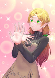 Rule 34 | 1girl, aboreen, absurdres, bishie sparkle, black bodysuit, blonde hair, blush, bodysuit, bodysuit under clothes, brown dress, bubble, closed mouth, dress, elf, fang, gem, glint, gradient hair, green eyes, hand on own chest, highres, isekai ojisan, jewelry, looking at hand, multicolored hair, open hand, orange hair, parted bangs, pink background, pointy ears, ring, skin fang, solo, sui (isekai ojisan), upper body