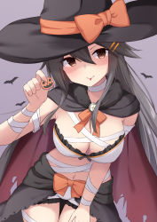 Rule 34 | 1girl, akahi242, black cape, black hair, black hat, breasts, brown eyes, cape, cleavage, closed mouth, cowboy shot, hair between eyes, hair ornament, hairclip, halloween, halloween costume, haruna (kancolle), hat, highres, kantai collection, large breasts, long hair, looking at viewer, navel, smile, solo, tongue, tongue out, torn cape, torn clothes, witch hat