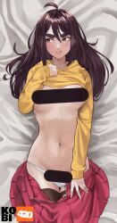 Rule 34 | &gt;:(, 1girl, ahoge, averting eyes, bar censor, black thighhighs, blush, borrowed character, breasts, brown eyes, brown hair, censored, clothes lift, commentary, commission, dakimakura (medium), english commentary, fingernails, highres, hood, hoodie, hoodie lift, kobi420, lifted by self, long hair, looking to the side, lying, mae (maenchu), navel, no bra, on back, open clothes, open skirt, original, paid reward available, panties, panty pull, petite, pleated skirt, pulled by self, red skirt, skirt, small breasts, solo, stomach, thick eyebrows, thigh gap, thighhighs, torn clothes, torn thighhighs, underwear, unzipped, v-shaped eyebrows, white panties, yellow hoodie