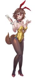 Rule 34 | 1girl, animal ears, blush, bone hair ornament, bow, bow (bhp), bowtie, braid, brown eyes, brown hair, brown pantyhose, contrapposto, covered navel, dog ears, dog tail, fake animal ears, full body, gold leotard, hair bow, hair ornament, hairclip, hands up, high heels, hololive, inugami korone, leotard, listener (inugami korone), looking at viewer, ok sign, one eye closed, pantyhose, playboy bunny, red bow, red bowtie, red footwear, shoes, side-tie leotard, simple background, smile, solo, tail, traditional bowtie, virtual youtuber, white background, yellow leotard