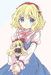Rule 34 | 1girl, alice margatroid, apron, biyon, blonde hair, blue background, blue dress, blue eyes, bow, commentary request, dress, hair bow, hairband, juliet sleeves, long hair, long sleeves, looking at viewer, neck ribbon, pink background, pink ribbon, puffy sleeves, red bow, red hairband, ribbon, shanghai doll, shirt, short hair, solo, touhou, twitter username, upper body, white shirt