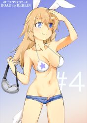 Rule 34 | 1girl, animal ears, aohashi ame, bikini, blonde hair, blue background, blue eyes, blue shorts, charlotte e. yeager, closed mouth, commentary request, copyright name, cowboy shot, cutoffs, denim, denim shorts, english text, goggles, gradient background, groin, halterneck, highres, holding, holding goggles, long hair, looking to the side, medium hair, micro shorts, navel, open fly, rabbit ears, rabbit girl, rabbit tail, shading eyes, shorts, smile, solo, standing, star (symbol), strike witches, swimsuit, tail, white bikini, world witches series