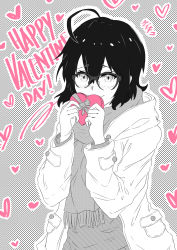 Rule 34 | 1girl, black hair, blush, box, candy, chocolate, chocolate heart, coat, collared shirt, dress shirt, food, gift, glasses, hair between eyes, happy valentine, heart, heart-shaped box, highres, holding, hood, jacket, keikyu (tiltedcube), long sleeves, looking at viewer, monochrome, monochrome background, original, ribbon, scarf, shirt, short hair, simple background, smile, solo, valentine