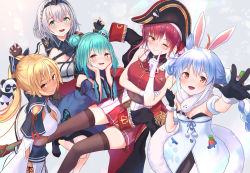 Rule 34 | 5girls, :d, ;), animal ear fluff, animal ears, aqua hair, arm under breasts, armor, arrow (symbol), arrow through heart, ascot, bare shoulders, bicorne, black coat, black gloves, black headwear, black jacket, black pantyhose, black ribbon, black thighhighs, blonde hair, blue dress, blue hair, blush, braid, breasts, brooch, brown legwear, carrot, carrot hair ornament, cleavage, coat, unworn coat, commentary request, covered navel, dark-skinned female, dark elf, dark skin, detached sleeves, don-chan (usada pekora), double bun, dress, elf, feet out of frame, food-themed hair ornament, french braid, fur trim, gloves, green eyes, grey background, hair bun, hair ornament, hair ribbon, hands on own cheeks, hands on own face, hat, highres, hololive, hololive fantasy, houshou marine, index finger raised, jacket, unworn jacket, jewelry, kintsuba (shiranui flare), large breasts, long hair, looking at viewer, mole, mole on breast, multicolored hair, multiple girls, one eye closed, open mouth, orange eyes, pantyhose, pelvic curtain, pirate hat, pointy ears, ponytail, puffy short sleeves, puffy sleeves, rabbit ears, rabbit girl, reaching, reaching towards viewer, red ascot, red hair, red ribbon, red shirt, red skirt, ribbon, roke (taikodon), shiranui flare, shiranui flare (old design), shirogane noel, shirogane noel (1st costume), shirt, short hair, short sleeves, silver hair, simple background, skirt, skull hair ornament, small breasts, smile, standing, tassel, thighhighs, twin braids, twintails, two-tone hair, uruha rushia, uruha rushia (1st costume), usada pekora, usada pekora (1st costume), virtual youtuber, white gloves, wide sleeves, yellow eyes, zettai ryouiki