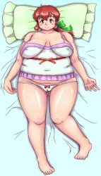 Rule 34 | 1girl, belly, blush, bra, breasts, brown eyes, brown hair, cameltoe, covered erect nipples, facing viewer, fat, full body, hair ribbon, highres, inamori futayo, large breasts, looking at viewer, lying, obese, on back, original, orizen, panties, pillow, ponytail, ribbon, smile, solo, thick thighs, thighs, underwear