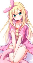 Rule 34 | 1girl, animal ears, animal hood, baram, bare shoulders, between legs, blonde hair, blush, camisole, closed mouth, collarbone, commentary request, fake animal ears, green eyes, hair ornament, hairband, hairclip, hand between legs, highres, hood, hood down, hooded jacket, jacket, long hair, mononobe alice, nijisanji, open clothes, open jacket, pink hairband, pink jacket, rabbit ears, rabbit hood, seiza, short shorts, short sleeves, shorts, sitting, smile, solo, stuffed animal, stuffed rabbit, stuffed toy, very long hair, virtual youtuber, white background, white shorts, yellow camisole