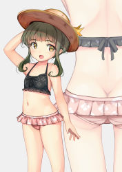 Rule 34 | 1girl, absurdres, adapted costume, ass, bikini, bob cut, braid, breasts, brown eyes, brown headwear, butt crack, commentary request, covered navel, floral print, frilled bikini, frills, green hair, hat, highres, kantai collection, mismatched bikini, multiple views, official alternate costume, short hair, sidelocks, small breasts, sun hat, swimsuit, takanami (kancolle), takanami kai ni (kancolle), yashin (yasinz), zoom layer