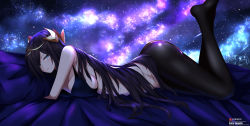 Rule 34 | absurdres, ass, black hair, black legwear, breasts, epic seven, green eyes, highres, large breasts, long hair, looking at viewer, pillow, sky, solo, twomoon, vivian (epic seven)