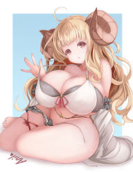 Rule 34 | 1girl, absurdres, anila (granblue fantasy), anila (summer) (granblue fantasy), bare legs, barefoot, bikini, blonde hair, breasts, brown eyes, character name, cleavage, curvy, granblue fantasy, heart, heart-shaped pupils, highres, horns, huge breasts, long hair, looking at viewer, sheep girl, sheep horns, side-tie bikini bottom, sitting, sleeping ear, solo, strap pull, swimsuit, symbol-shaped pupils, thick thighs, thighs, untied bikini, white bikini, wide hips