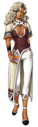 1girl anklet anne_(suikoden) breasts brown_hair cleavage dark-skinned_female dark_skin female_focus full_body gensou_suikoden gensou_suikoden_iii green_eyes ishikawa_fumi jewelry konami long_hair official_art pants small_breasts smile solo wrist_cuffs