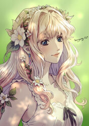 1girl black_ribbon blonde_hair blue_eyes collarbone dappled_sunlight earrings flower green_background hair_flower hair_intakes hair_ornament head_wreath highres jewelry long_hair macross macross_frontier neck_ribbon parted_lips pink_gemstone ribbon ryu_(masu_nantoka-san) sheryl_nome shirt sleeveless sleeveless_shirt smile solo sunlight upper_body white_flower white_shirt