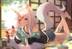 Rule 34 | 1girl, absurdres, animal ear fluff, animal ears, artist name, bare legs, bare shoulders, barefoot, blurry, blurry background, blush, closed mouth, commission, crossed ankles, day, fox ears, fox mask, fox tail, full body, hair ornament, hairclip, heterochromia, highres, holding, holding mask, indoors, jacket, jl tan, light particles, long hair, long sleeves, lying, mask, unworn mask, off shoulder, on stomach, open clothes, open jacket, original, pillow, pixiv commission, purple eyes, sliding doors, smile, solo, swept bangs, tail, white hair, yellow eyes