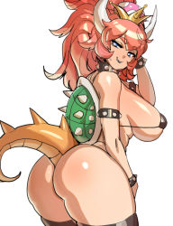 Rule 34 | 1girl, ass, bad id, bad pixiv id, bikini, black bikini, black lips, black thighhighs, blue eyes, bowsette, bracelet, breasts, collar, crown, curvy, fang, fang out, highres, hip focus, horns, huge ass, jewelry, large breasts, lipstick, long hair, looking back, makeup, maniacpaint, mario (series), micro bikini, new super mario bros. u deluxe, nintendo, ponytail, red hair, seductive smile, smile, solo, spiked bracelet, spiked collar, spikes, super crown, swimsuit, tail, thighhighs, thighs, turtle shell, wide hips