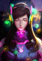 Rule 34 | 1girl, animal print, armor, artist name, bodysuit, breasts, brown hair, character name, closed eyes, cube, d.va (overwatch), facepaint, facial mark, fitaro, glowing, headphones, high collar, highres, lipstick, long hair, makeup, nguyen le minh, overwatch, overwatch 1, parted lips, pauldrons, pilot suit, pink lips, rabbit print, realistic, ribbed bodysuit, shoulder armor, shoulder pads, solo, swept bangs, turtleneck, upper body, whisker markings