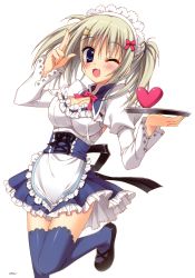 Rule 34 | 1girl, :3, :d, ;3, ;d, absurdres, apron, blue eyes, blue thighhighs, breasts, cleavage, dress, grey hair, heart, highres, maid headdress, moribe (rabumanyo), one eye closed, open mouth, ore to ichino no game doukoukai katsudou nisshi, sawamura kirika, smile, solo, thighhighs, tray, twintails, waitress, wink