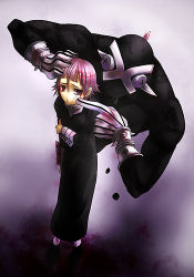 Rule 34 | 00s, androgynous, black dress, black skin, bullying, colored skin, crona (soul eater), cuff links, dress, gauntlets, gender request, gloves, hand on head, high collar, lowres, muscular, pink eyes, pink hair, poking, ragnarok (demon sword), shoes, short hair, soul eater, spikes, striped clothes, striped gloves, x x