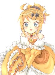 Rule 34 | ahoge, aku no musume (vocaloid), aquamarinu, arms between legs, bare shoulders, blush, bow, brooch, choker, collarbone, dress, dress flower, earrings, evillious nendaiki, flower, frilled choker, frilled dress, frills, hair bow, hair ornament, hairclip, highres, jewelry, kagamine rin, looking at viewer, off-shoulder dress, off shoulder, open mouth, orange bow, own hands together, petticoat, riliane lucifen d&#039;autriche, rose, short ponytail, sidelocks, surprised, swept bangs, updo, vocaloid, yellow bow, yellow choker, yellow dress, yellow flower, yellow rose